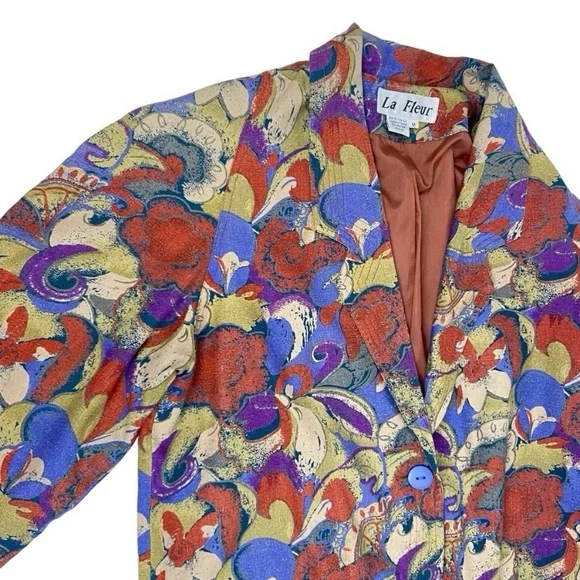 Vintage La Fleur Raw Silk Abstract Floral Blazer Sz M - Picture 4 of 12